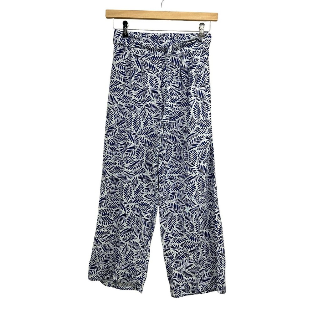 Midnight Sky High Waisted Pull On Pants Navy White Tropical Leaf Motif Medium